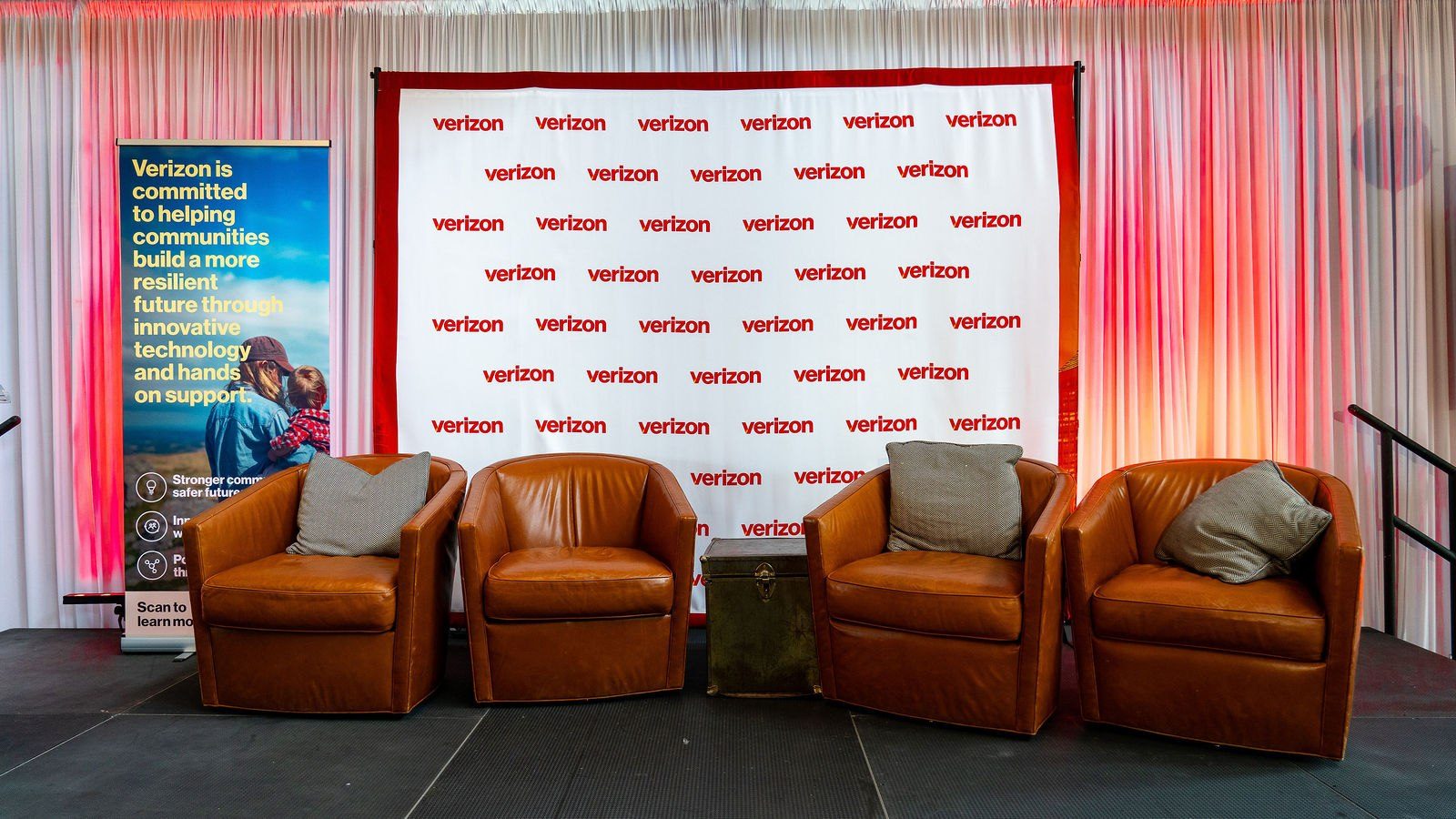 Oxford Exchange venue staged and empty before an event, styled with seating for the Verizon Community Disaster Resilience Initiative